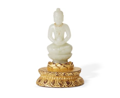 A Chinese white jade figure of BuddhaQing dynasty, 18th/19th centurySeated in lalitasana on a double-lotus throne, holding a 