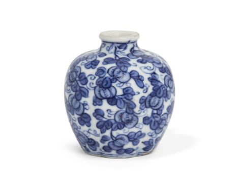 A Chinese blue and white 'melons' snuff bottleQing dynasty, Yongzheng periodThe moulded baluster shape painted overall with a