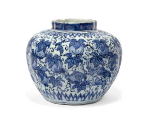 A Chinese blue and white 'melon' jarMing dynasty, 16th centuryOf baluster lobed form with eight-petalled section, painted thr