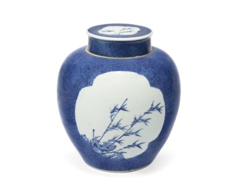 A Chinese blue and white powder-blue ground 'bamboo' jar and coverQing dynasty, Kangxi periodReserved with three shaped medal