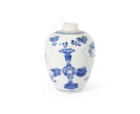 A small Chinese blue and white jarQing dynasty, Kangxi periodPainted with two fan shaped panels depicting a bird on blossomin