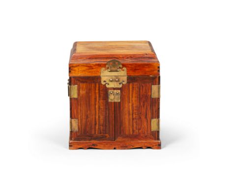 A Chinese huanghuali seal chest Late Qing dynasty/Republic periodWith pair of ruyi form handles, the hinged cover mounted wit