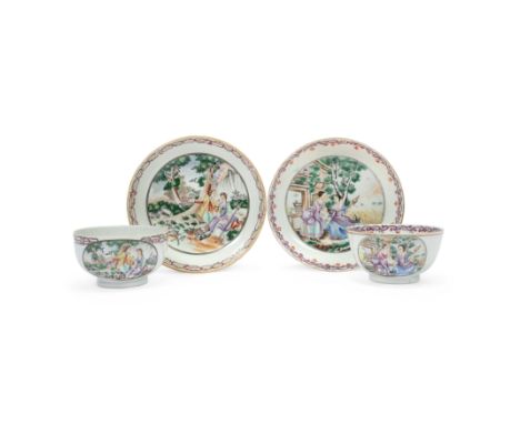 Two Chinese export famille rose 'European subject' cups and saucersQing dynasty, 18th centuryOne cup and saucer painted with 