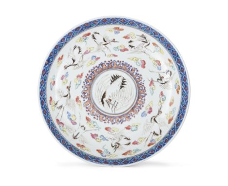 A Chinese doucai and famille rose 'cranes' dish Qing dynasty, Guangxu period, Yun family markThe interior painted and enamell