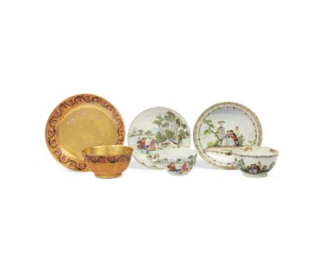 Two Chinese export famille rose 'European subject' tea bowls and saucers and a floral tea bowl and saucerQing dynasty, 18th c