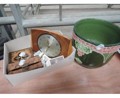 A selection of misc including tea cards, mantle clock etc