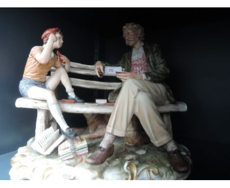 A Capo di Monti figure group, Grandfather and Grandson playing cards