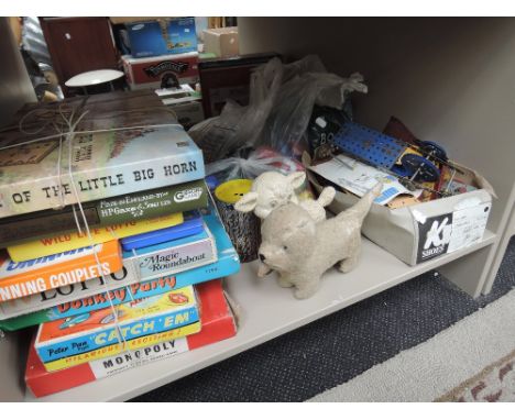 A shelf of mixed toys including vintage Meccano, board games, plush cat etc