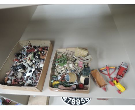A selection of Britains and similar lead figures, accessories and animals and four Dinky and similar die-cast implements and 