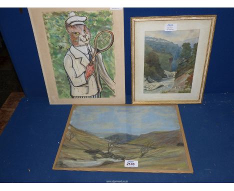 A framed and mounted watercolour depicting The Rope Bridge Kashmir, a Watercolour of a cat ready for tennis after Louis Wain 