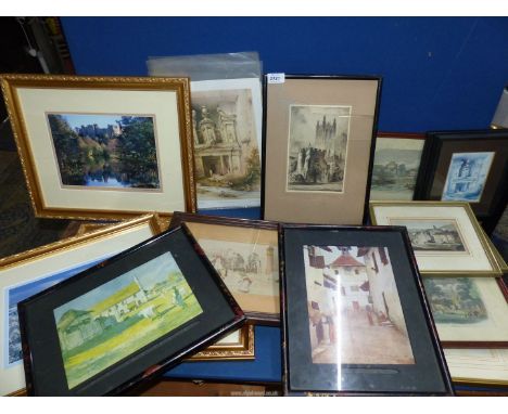 A quantity of prints and etchings including Dover Castle, Minster Church, David Roberts lithograph, Eastern prints, Ludlow Ca