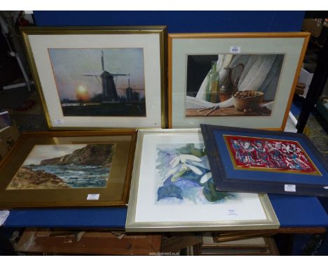 Five original paintings to include; a Watercolour of a seascape, a John Paskin pastel titled 'Still Life with Walnuts', etc.