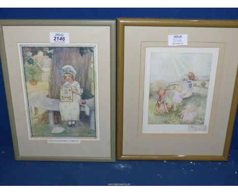 Two framed illustrations, Mabel Lucie Attwell 'Great Grandma's sampler' and Anne Anderson 'The Sun'.