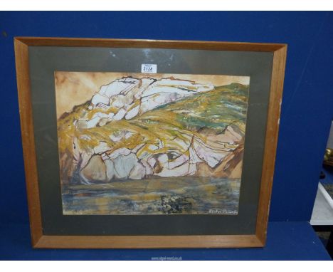 A wooden framed mixed media abstract of a seascape with cliff face, signed lower right Evelyn Brooks  25 1/2" x 22".