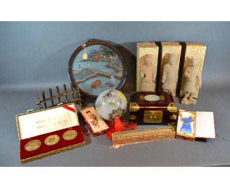 A 20th Century Chinese Brass Mounted Casket inset Jade Panel together with a collection of other related items 