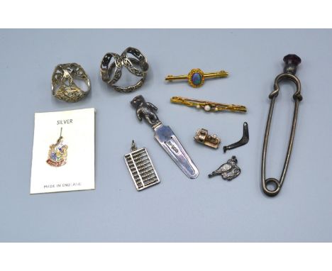 A 15ct. gold pearl and opal set bar brooch, 2 gms., together with other small items to include a silver bookmark, various cha