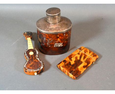 A Tortoiseshell and London silver mounted tea caddy, together with a 19th century tortoiseshell card case and a similar model