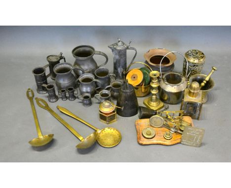 A Collection of Various Pewter Mugs together with a collection of other metal ware and a pair of balance scales 