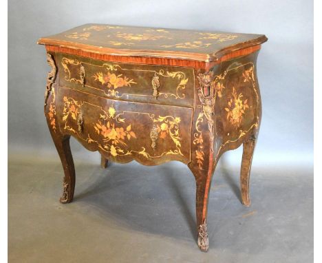 A French Style Marquetry Inlaid and Gilt Metal Mounted  Small Commode with two drawers and drop handles, raised upon cabriole