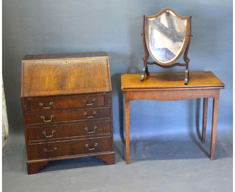 A 20th Century Mahogany Bureau together with a 19th Century Mahogany Card Table and a mahogany swing frame toilet mirror 