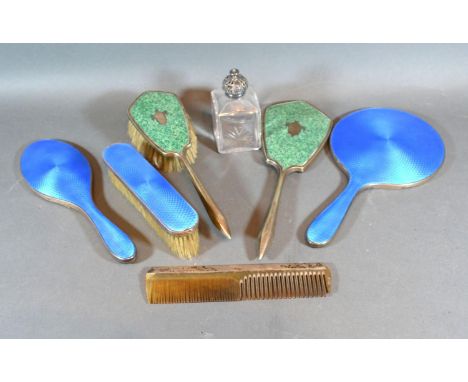 A Birmingham Silver and Translucent Enamel Three Piece Dressing Table Set together with other dressing table items 