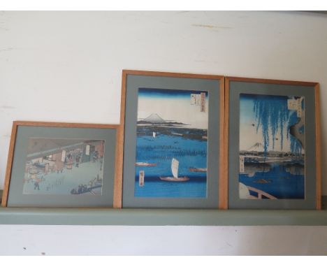 Three Japanese woodblock prints, two landscapes and one Townscape - 35 cm x 27 cm, 44 cm x 32 cm, 44 cm x 32 m, two Japanese 