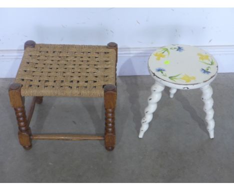A painted stool on three spiral turned legs together with oak bobbin leg stool with woven top