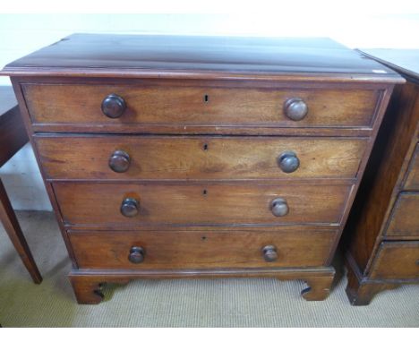 A 19th century mahogany four drawer chest of drawers on bracket feet 102cm x 95cm - in need of restoration - some veneer loss