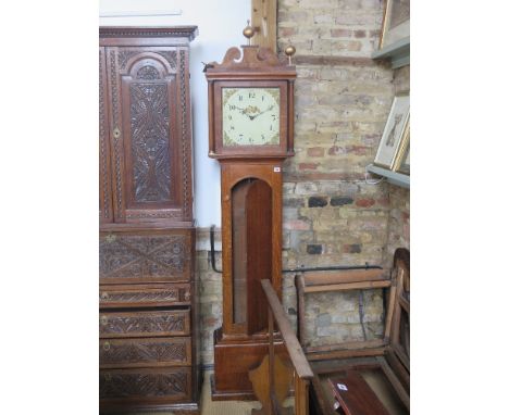 A 30 hour oak case longcase clock - with painted dial, un named, Arabic numerals and floral sprays - Case has a few minor def