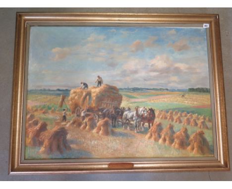 Raymond Louis Lecourt Harvest scene - oil on canvas entitled La Moisson au Pays de Caux signed R Lecourt bottom left 73cm x 1