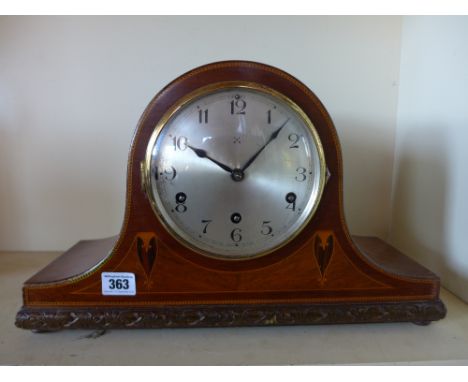 An inlaid mahogany chiming mantle clock - working in saleroom