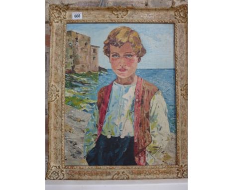An unsigned oil on boards portrait of a boy