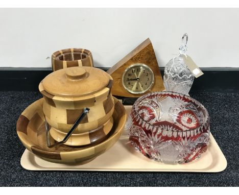 A tray of walnut Quartz mantel clock, treen fruit bowl and lidded barrel, ruby and glass crystal bowl etc 