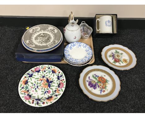 A tray of assorted plates, Limoges plate, commemorative plates and tankard, continental jug etc 