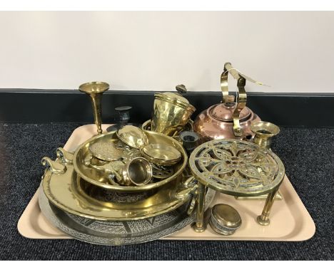 A box of assorted brass ware, candlesticks, trivets, plates etc, an antique miniature copper kettle and a silver handled shoe