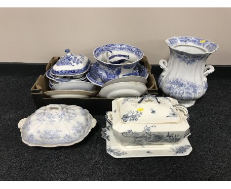 A quantity of blue and white china including dinner plates, wash basin, tureens etc  CONDITION REPORT: Virtually all pieces w