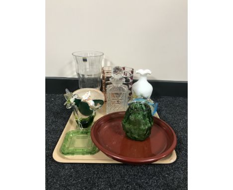 A tray of glass ware, decanter with stopper, lacquered bowl 