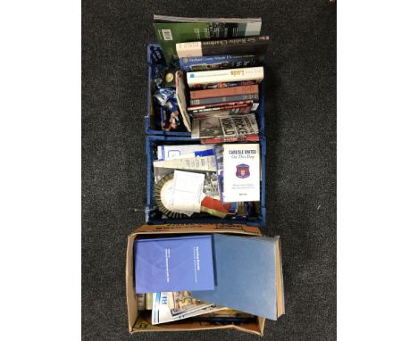 Two crates and a box of football and sporting memorabilia including Carlisle United news paper account Wembley cup final prog