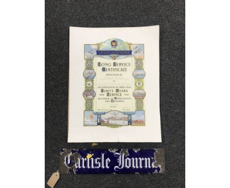 An enamel advertising sign, originally from the office of the Carlisle Journal, together with a Vickers-Armstrong long servic