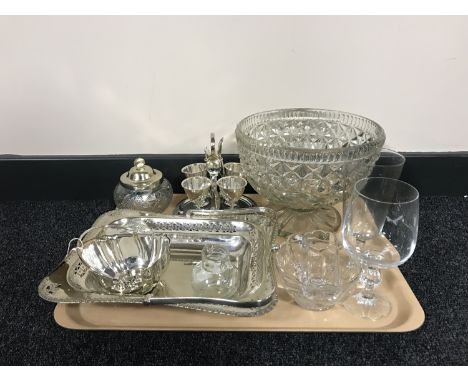 A tray of plated pieces, egg cups, sugar basin, assorted glass ware, hand painted jug, Golden Jubilee goblet etc 