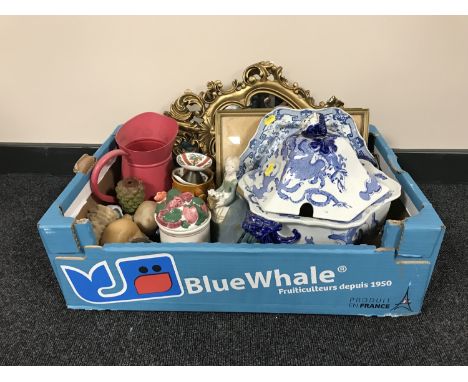 A box of ornate gilt framed mirror, Masons Dragon design soup tureens, Spanish ornaments, candles, Caithness paperweight etc 