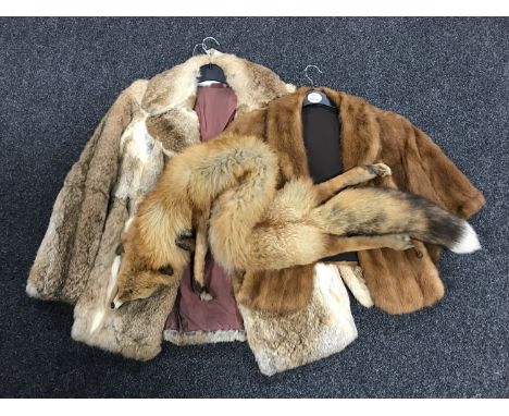 A lady's coney fur coat, a fur wrap and a fox fur 