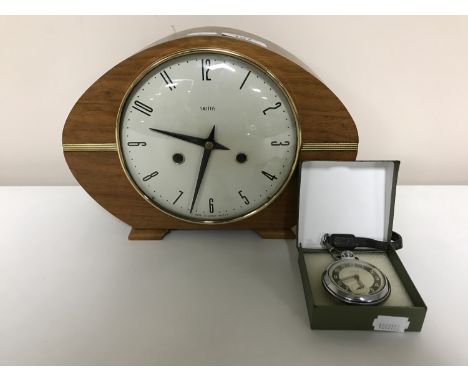 A walnut Smiths mantel clock and a boxed Ingersol pocket watch 