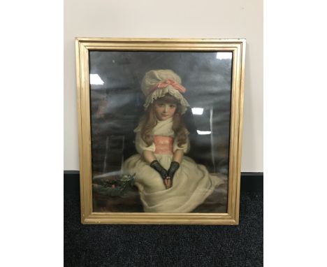 A gilt framed colour print, portrait of a girl in white dress 