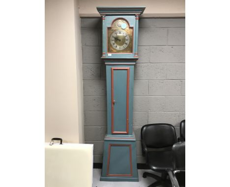A continental painted long cased clock with brass and silvered dial, the dial dated 1780, height 222 cm 