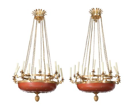 A LARGE PAIR OF EMPIRE STYLE SIXTEEN LIGHT CHANDELIERS LATE 20TH CENTURY Open pointed coronet surmounts above iron red colour