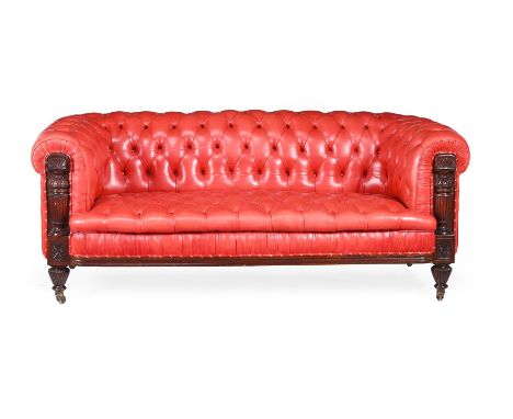 A VICTORIAN MAHOGANY AND UPHOLSTERED 'CHESTERFIELD' SOFALAST QUARTER 19TH CENTURYOne leg stamped 'B8193', with buttoned and b