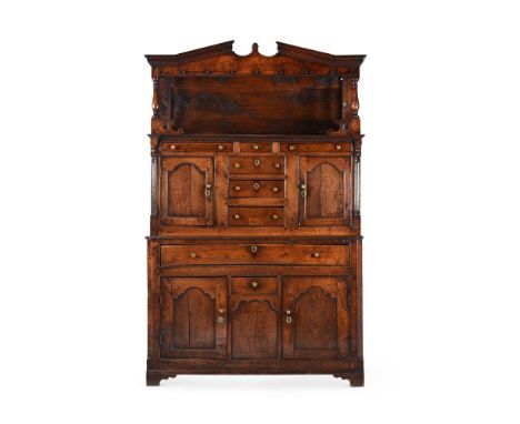 A GEORGE III WELSH OAK DRESSER OR CWPWRDD TRIDARN MID 18TH CENTURY With inlaid panel initialled IA197cm high, 124cm wide, 48c