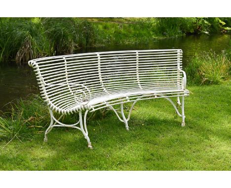 A HAND-FORGED WHITE PAINTED GARDEN OR ARRAS SEMI-CIRCULAR BENCH MODERN 206.5cm wide, 79cm high 