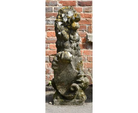 A COMPOSITION STONE LION GATE POST FINIAL 20TH CENTURY approximately 98cm high, the base 32cm wide